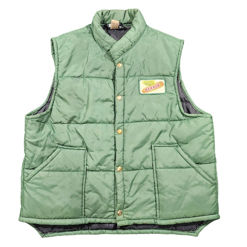 Vintage DEKALB Seed Corn Puffer Vest Green Snap Front Farm Advertising USA XL